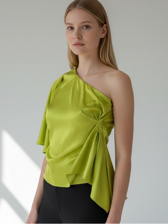 Gianni Bini Satin One-Shoulder Top In Chartreuse New
